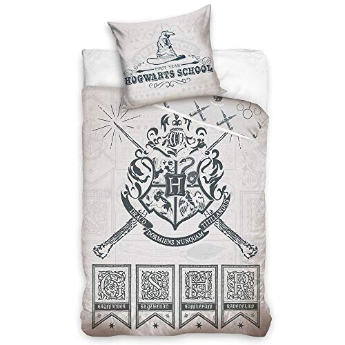 Housse de couette Poudlard, 4 maisons - Harry Potter - gris 140x200 cm