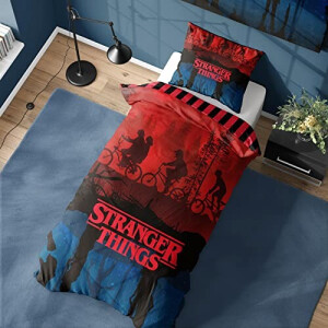 Housse de couette Stranger things rouge bleu et noir 135x200 cm