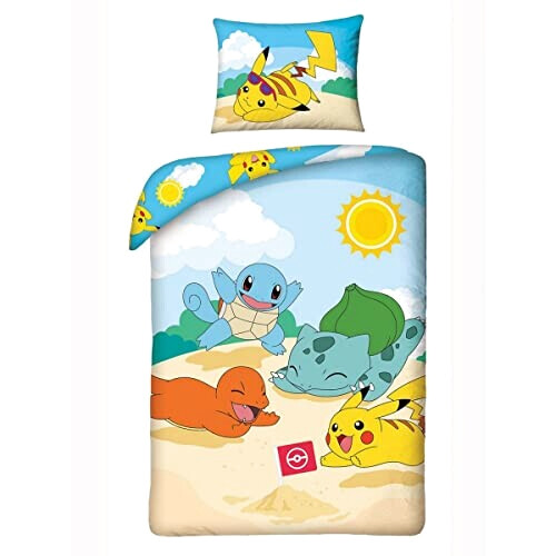 Housse de couette Pikachu - Pokémon - beige bleu jaune 140x200 cm