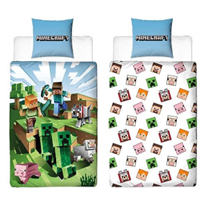 Housse de couette Steve, Creeper, TNT, Pioche, Cochon - Minecraft - multicolore 135x200 cm