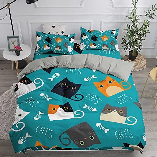 Housse de couette Chat turquoise 140x200 cm 200x200 cm 220x240 cm