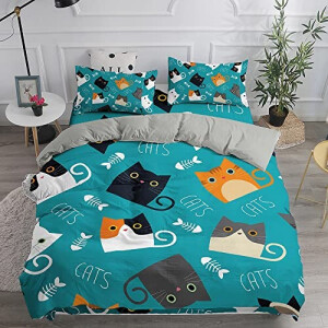 Housse de couette Chat turquoise 140x200 cm 200x200 cm 220x240 cm