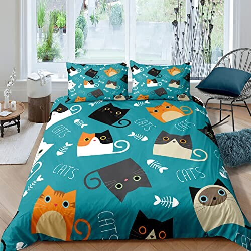 Housse de couette Chat turquoise 140x200 cm 200x200 cm 220x240 cm variant 1 