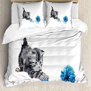 Housse de couette Chat gris bleu 155x220 cm