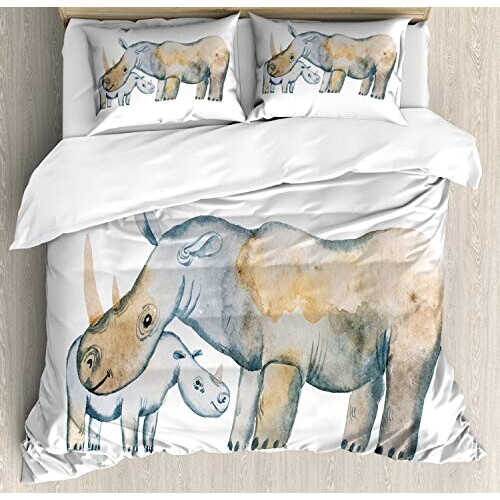 Housse de couette Hippopotame bleu gris tan et blanc 220x220 cm