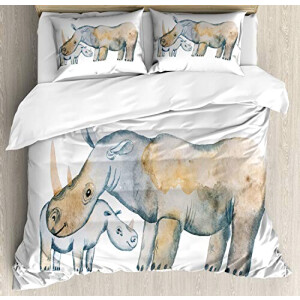 Housse de couette Hippopotame bleu gris tan et blanc 220x220 cm